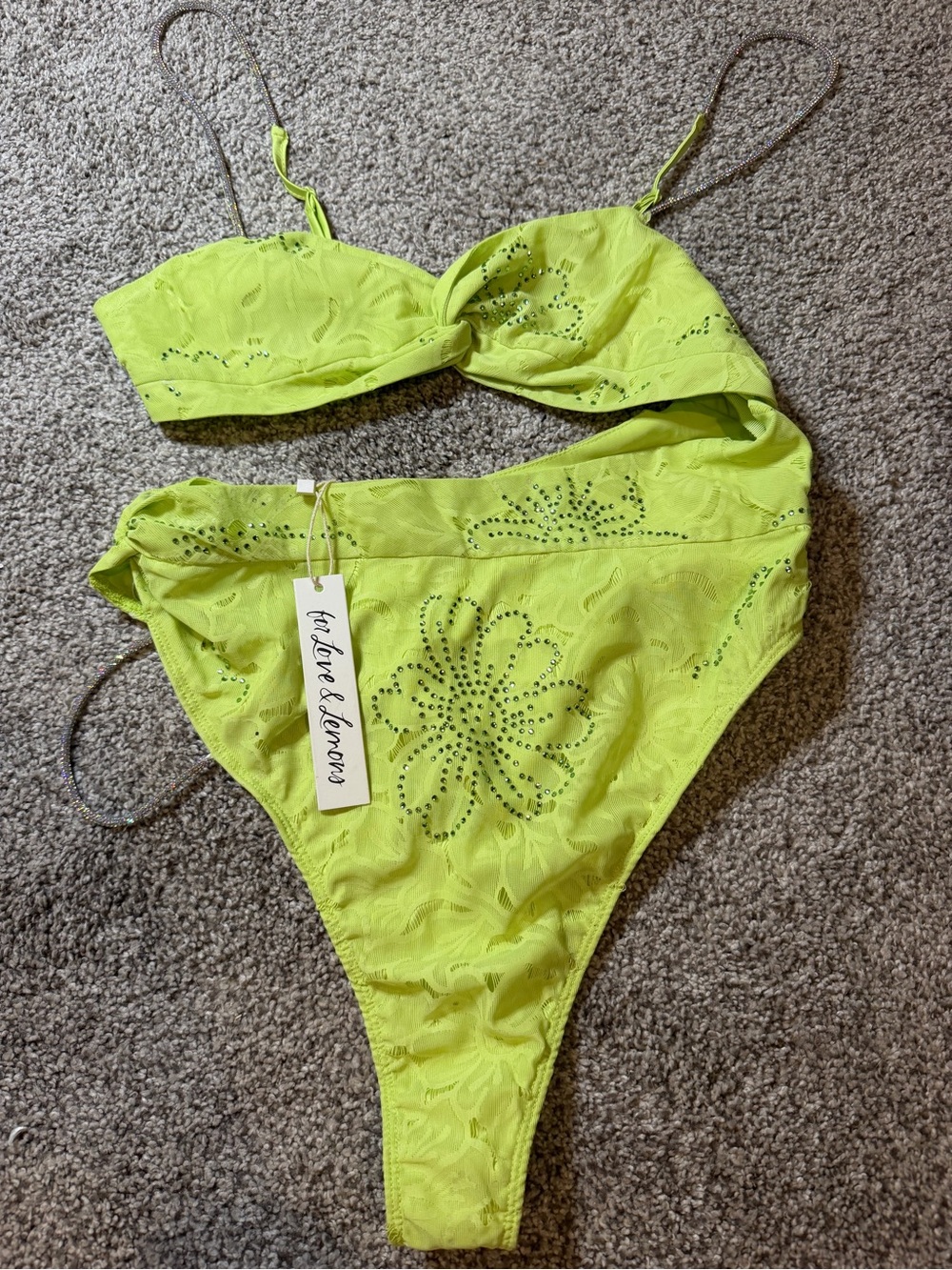 For Love & Lemons Neon Lime Embellished Bodysuit